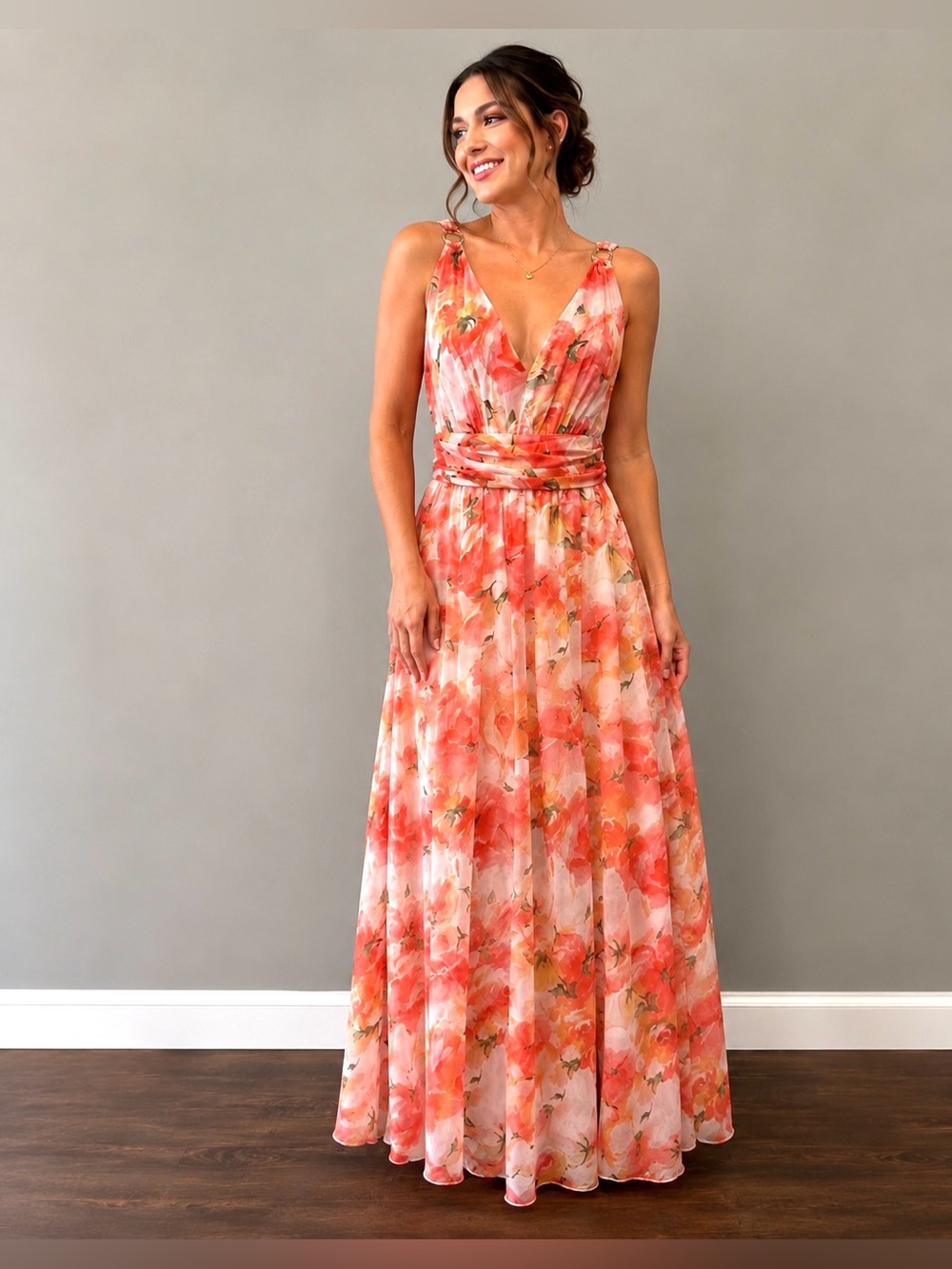 ALEXA B NITES CORAL FLORAL MAXI DRESS SIZE 4